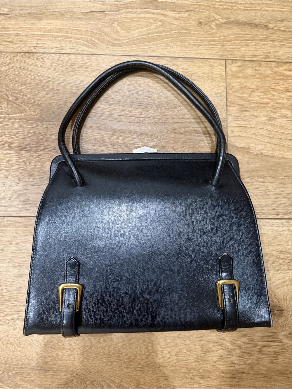 Vintage Black Leather Satchel with Gold Buckle Accents